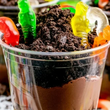 Delicious cozy dirt cups dessert with chocolate and gummy worms
