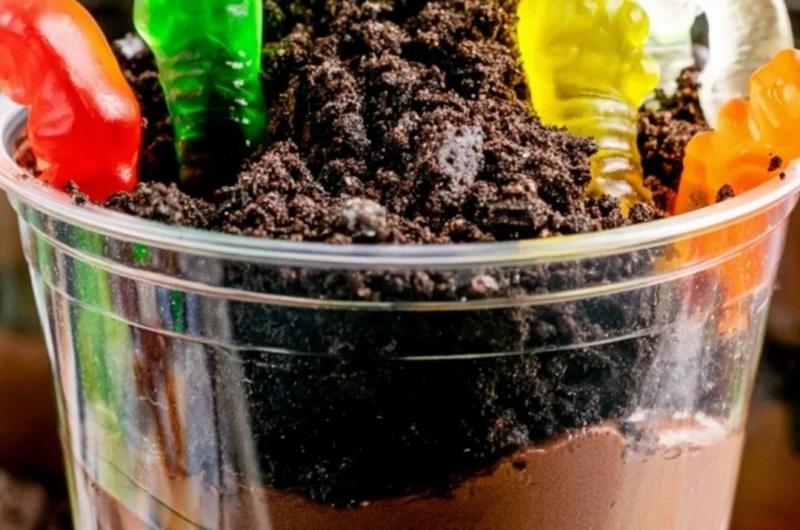 Delicious cozy dirt cups dessert with chocolate and gummy worms