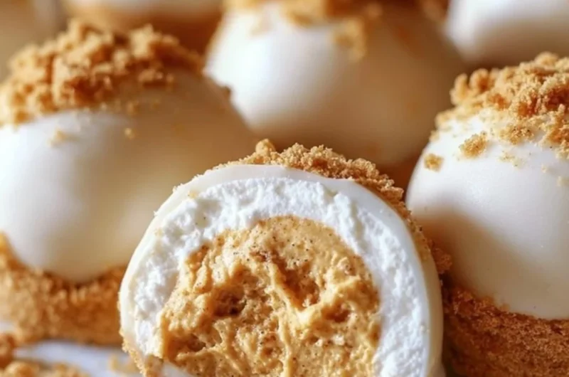 No bake pumpkin cheesecake balls recipe with creamy pumpkin filling and graham cracker coating.