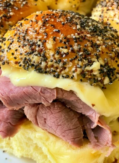 Delicious cozy roast beef sliders served on a platter