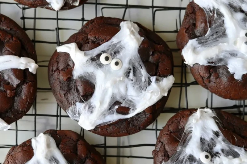 Halloween Double Chocolate Spider Web Cookies with spooky decorations