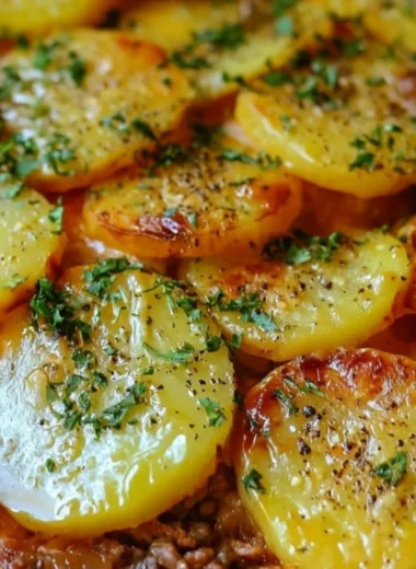 Delicious Hamburger Potato Casserole baked with beef, potatoes, and cheese