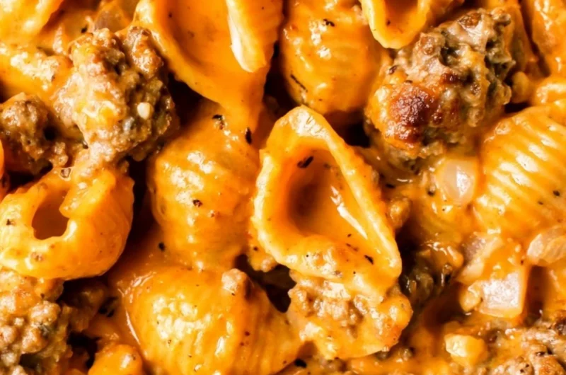 A bowl of homemade Hamburger Helper with ground beef and noodles