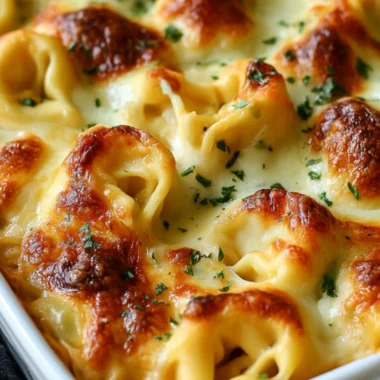 Delicious Million Dollar Baked Tortellini Casserole topped with melty cheese.