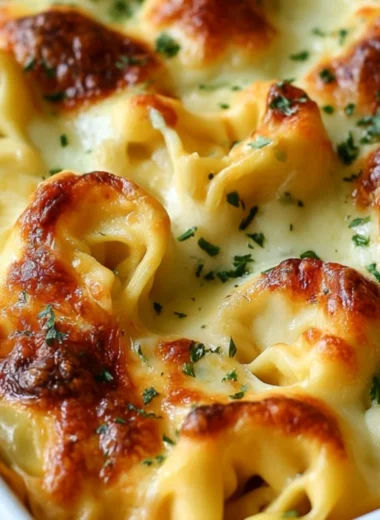 Delicious Million Dollar Baked Tortellini Casserole topped with melty cheese.