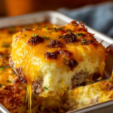 Sausage, Egg, and Cream Cheese Hashbrown Casserole on a serving dish