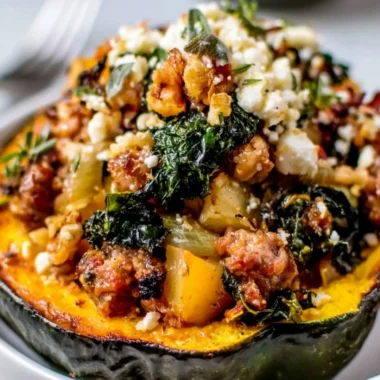 Stuffed acorn squash filled with turkey, cranberries, and rice, baked to perfection.