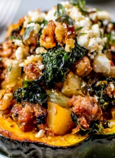 Stuffed acorn squash filled with turkey, cranberries, and rice, baked to perfection.