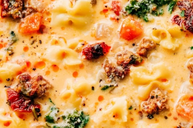 Bowl of warm Italian sausage pasta soup served with fresh herbs and crusty bread.