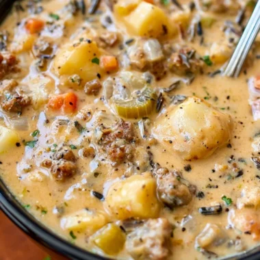 Bowl of creamy potato sausage chowder with herbs and spices