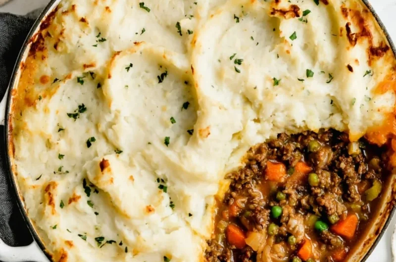 Delicious homemade Shepherd's Pie with meat, vegetables, and mashed potatoes