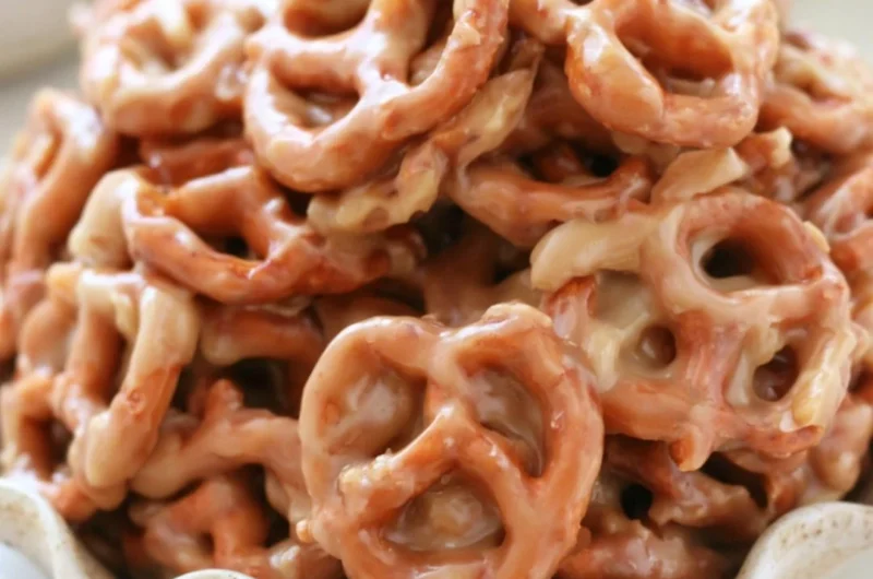 Delicious Caramel Pretzels coated in sweet caramel and sea salt.