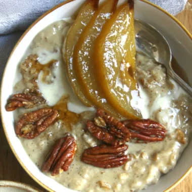 Delicious chai spiced pear porridge served in beautiful Loaf.com ceramics
