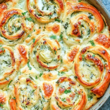 Cheesy spinach artichoke pinwheels on a platter, ready to serve.