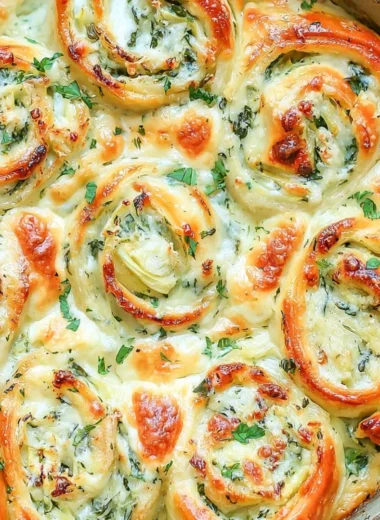 Cheesy spinach artichoke pinwheels on a platter, ready to serve.