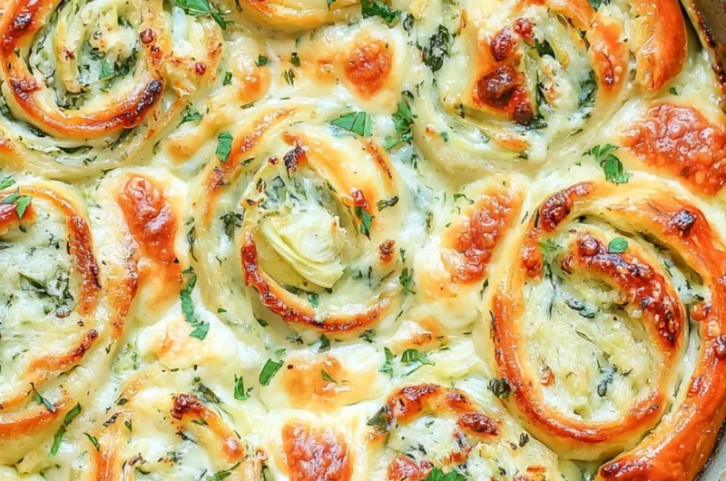 Cheesy spinach artichoke pinwheels on a platter, ready to serve.