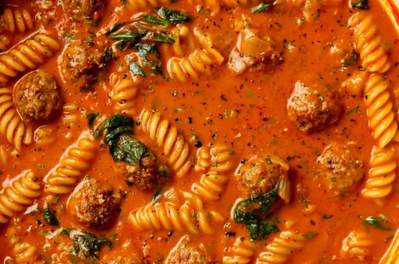 Bowl of creamy Italian Meatball Soup garnished with herbs and spices