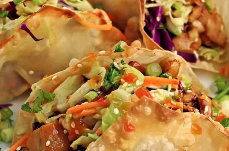 Crispy chicken wonton tacos served with fresh toppings and dipping sauce