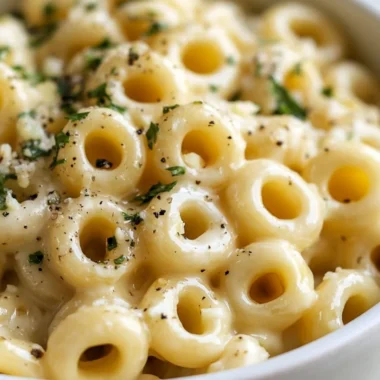 Delicious garlic butter pasta dish topped with herbs and garnishes