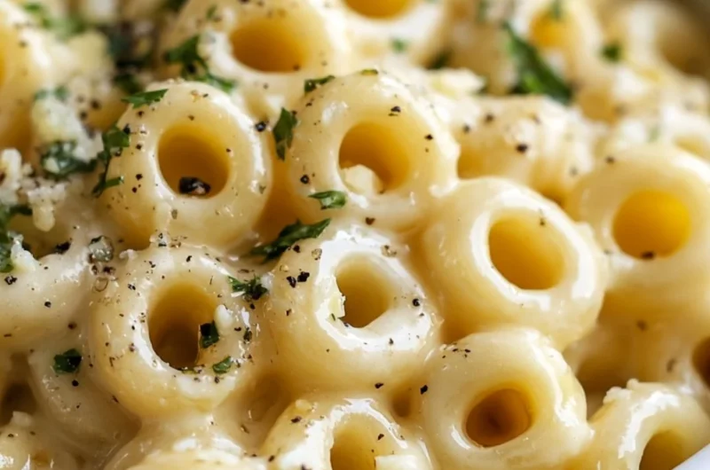 Delicious garlic butter pasta dish topped with herbs and garnishes