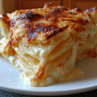 Creamy cheesy scalloped potatoes dish served on a plate