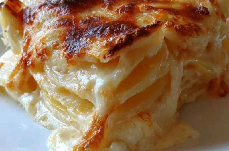 Creamy cheesy scalloped potatoes dish served on a plate