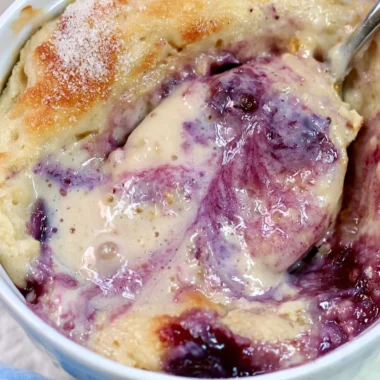 Healthy blueberry protein baked oats without added sugar in a bowl