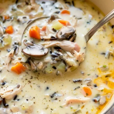 Creamy leftover turkey wild rice soup in a bowl with herbs