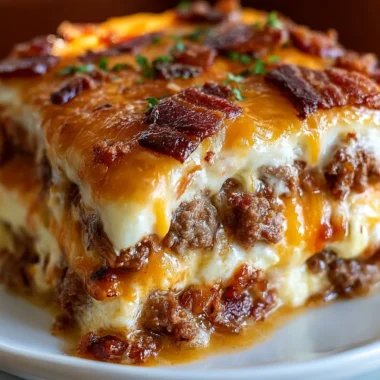 Low-Carb Bacon Cheeseburger Casserole baked and served in a dish