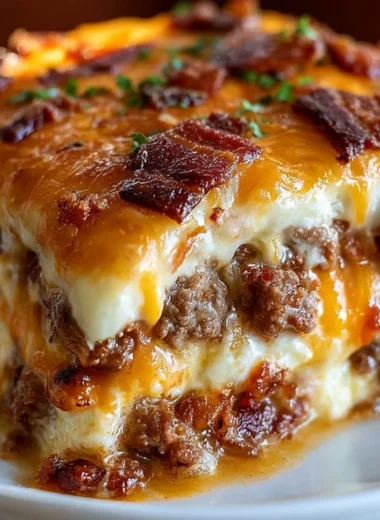 Low-Carb Bacon Cheeseburger Casserole baked and served in a dish