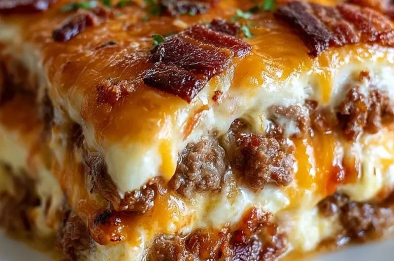 Low-Carb Bacon Cheeseburger Casserole baked and served in a dish