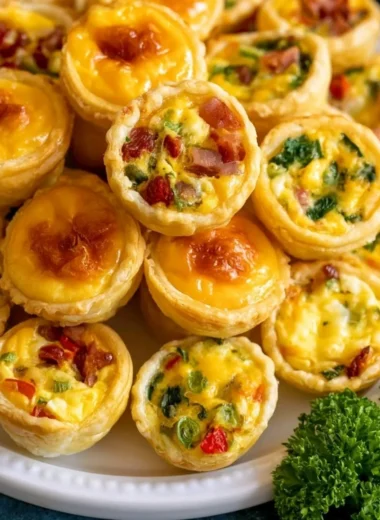 Delicious mini quiches served on a platter, perfect for parties and gatherings.