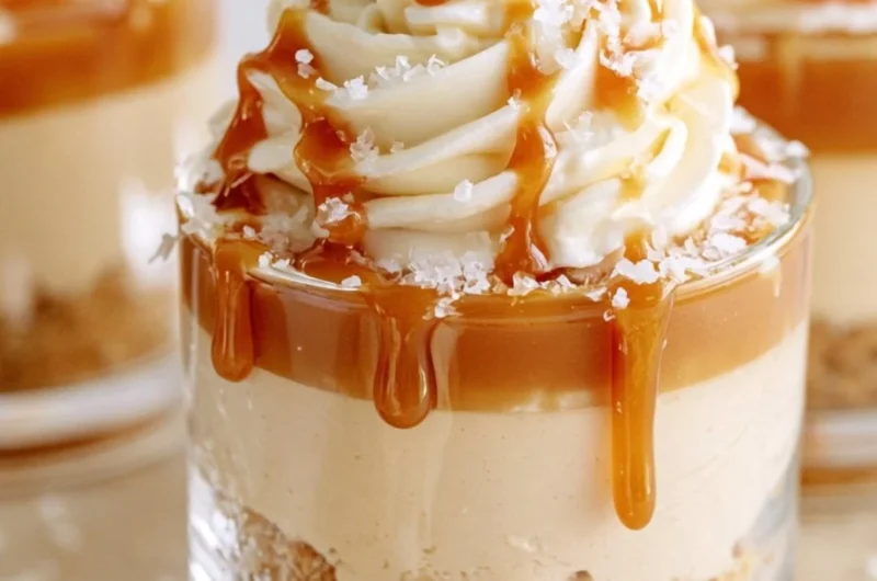 No-Bake Salted Caramel Cheesecake Cups served in elegant dessert cups