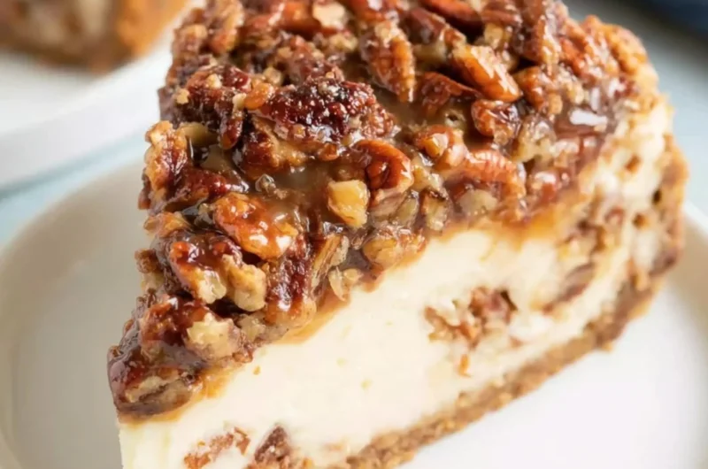 Deliciously baked Pecan Pie Cheesecake topped with pecans