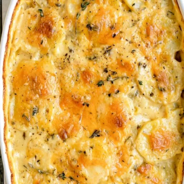 Delicious scalloped potatoes with creamy cheese and golden-brown layers