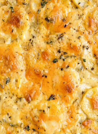 Delicious scalloped potatoes with creamy cheese and golden-brown layers