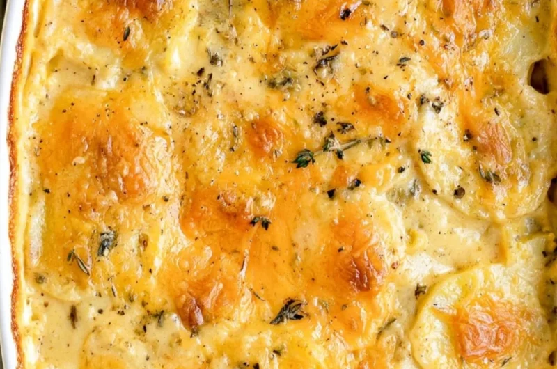 Delicious scalloped potatoes with creamy cheese and golden-brown layers
