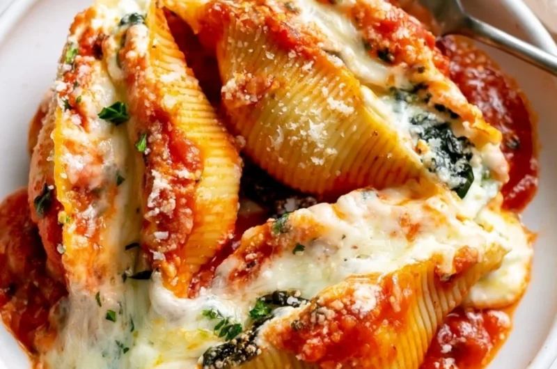 Delicious stuffed shells filled with ricotta cheese and marinara sauce