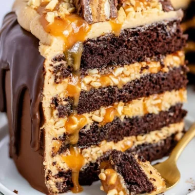Decadent chocolate Snickers cake topped with caramel and peanuts