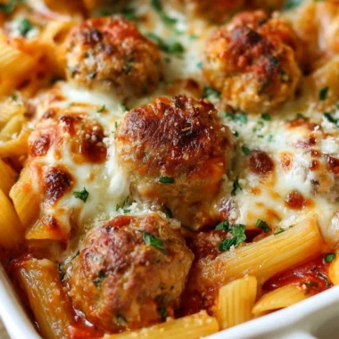 Delicious dump and bake meatball casserole with pasta and marinara sauce.