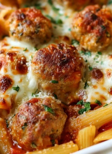 Delicious dump and bake meatball casserole with pasta and marinara sauce.