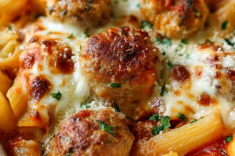 Delicious dump and bake meatball casserole with pasta and marinara sauce.