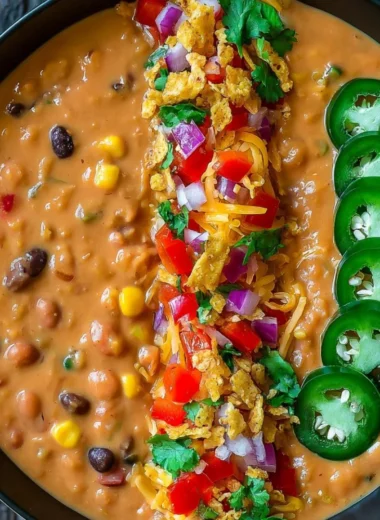 A bowl of vegetarian lentil tortilla soup garnished with fresh cilantro and tortilla strips.